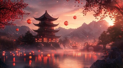 Fototapeta premium A serene landscape with a Chinese pagoda at dusk, surrounded by red lanterns and firecrackers on display for New Year celebrations.