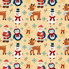 Seamless Christmas or winter pattern with holiday characters - penguin, Santa Claus, reindeer, gingerbread man and snowflakes on light background. Cute New Year design