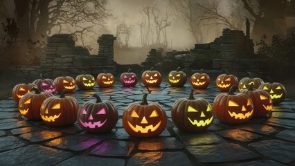 Glowing jack-o'-lanterns in mysterious forest. Spooky halloween scene. Eerie and atmospheric. Autumn decoration. Perfect for greeting cards, posters, and banners with copy space