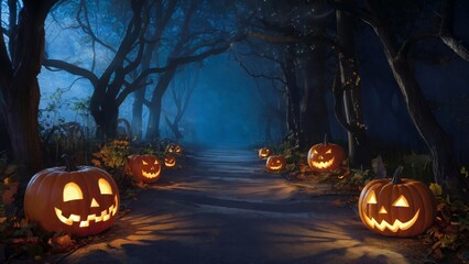 Enchanted forest pathway with glowing jack-o'-lanterns. Spooky night scene. Halloween atmosphere. Ideal for holiday decor. Use in posters, cards, flyers. Eerie pathway with copy space.