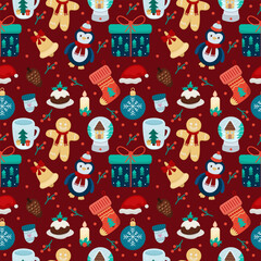 Seamless bright design with different Christmas elements on red background. Cute children's pattern or background