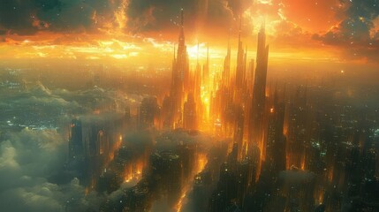 Fototapeta premium Tilted angle view of a vibrant fantasy world merging with a futuristic cityscape, technology intertwined with magic, awe-inspiring landscapes blend seamlessly
