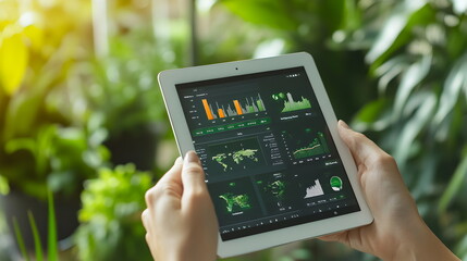 A close-up of hands holding a tablet showing a corporate sustainability dashboard, with data on clean energy usage and carbon reduction, blurred background of a green office with natural lighting