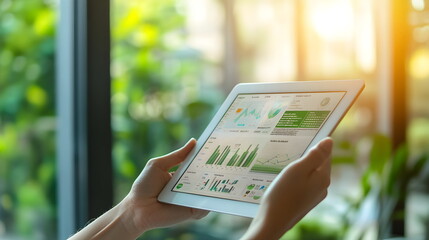 A close-up of hands holding a tablet showing a corporate sustainability dashboard, with data on clean energy usage and carbon reduction, blurred background of a green office with natural lighting