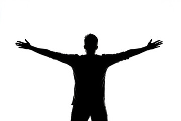 Silhouette of a man with arms spread wide in an open and triumphant pose, set against a white background. The image symbolizes freedom and victory..
