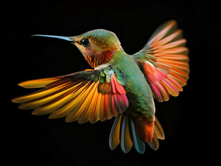 Fototapeta premium Hummingbird in Flight: A breathtaking close-up of a hummingbird in mid-flight, its iridescent feathers shimmering against a dark background. Its wings are outstretched, creating a blur of color as it 