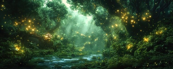 Obraz premium Tilted perspective of an ethereal forest filled with glowing plants, advanced machinery connecting nature with science, enchanting visuals evoke wonder and curiosity