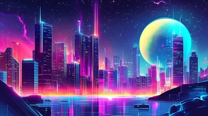 Fototapeta premium A vibrant, futuristic cityscape at night, featuring neon lights, towering skyscrapers, and a large moon in a starry sky.