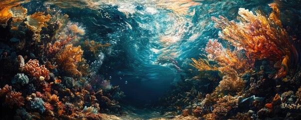 Obraz premium Underwater landscape meets melodic vision, colors swirl with rhythm, a breathtaking orchestration of oceanic life