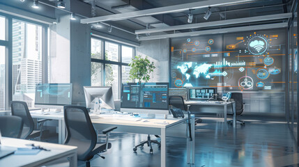 A corporate workspace with smart tech solutions like IoT devices, automated workflows, and personalized workstations for enhanced efficiency.