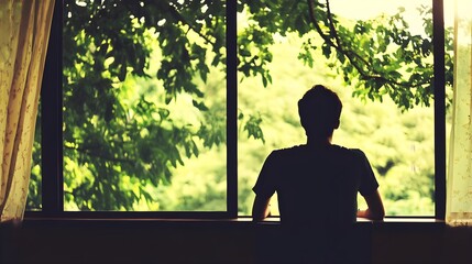 Silhouette of a person gazing out a window surrounded by lush greenery.