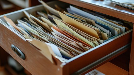 A cluttered drawer filled with various papers and folders, indicating organization tasks.