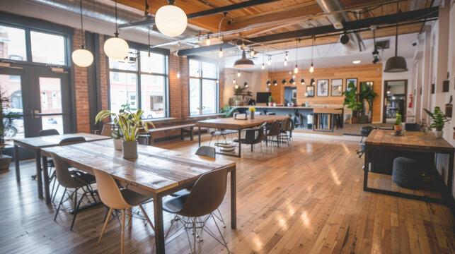 A coworking space where freelancers can rent desks or use communal tables, with access to shared office resources and networking events.