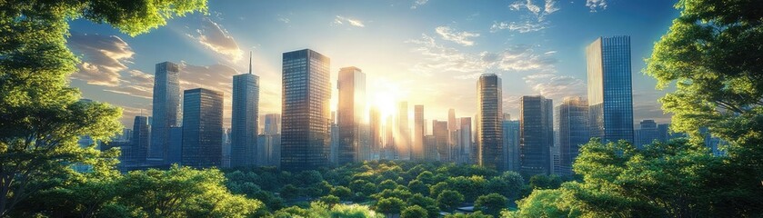 Obraz premium Wide-angle utopian cityscape, vibrant greenery intertwined with bustling urban life, sunlight filtering through glass towers