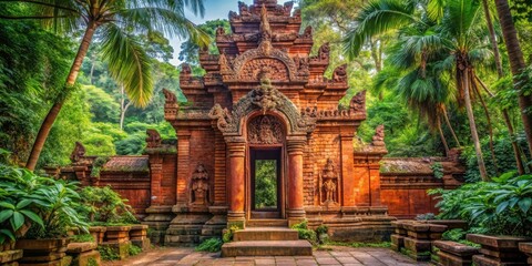 A stunning red brick temple gateway adorned with intricate stone carvings surrounded by lush jungle vegetation, capturing the aura of ancient mystique and spirituality