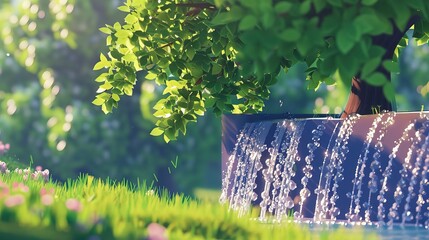 Fototapeta premium Breathtaking Waterfall cascade into Pristine Pool, Embraced by Lush Greens and Filtered Morning Sunlight