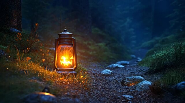 An old oil lantern with jack-o-lantern inside stand on a path in a dark scary forest. Halloween celebration and autumn theme. Holiday decoration and spooky atmosphere concept. for greeting card, poste