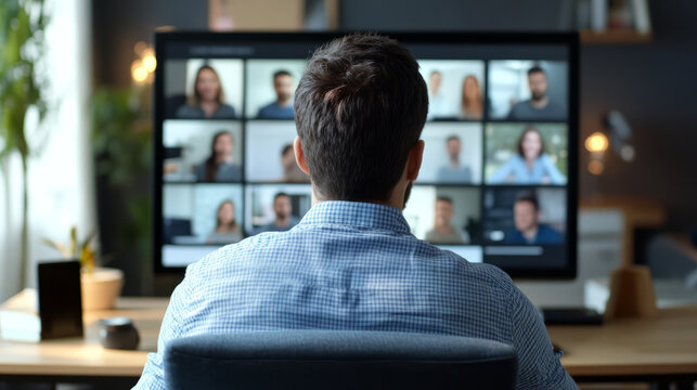A manager leading a remote team meeting with all participants visible on screen using video conferencing tools