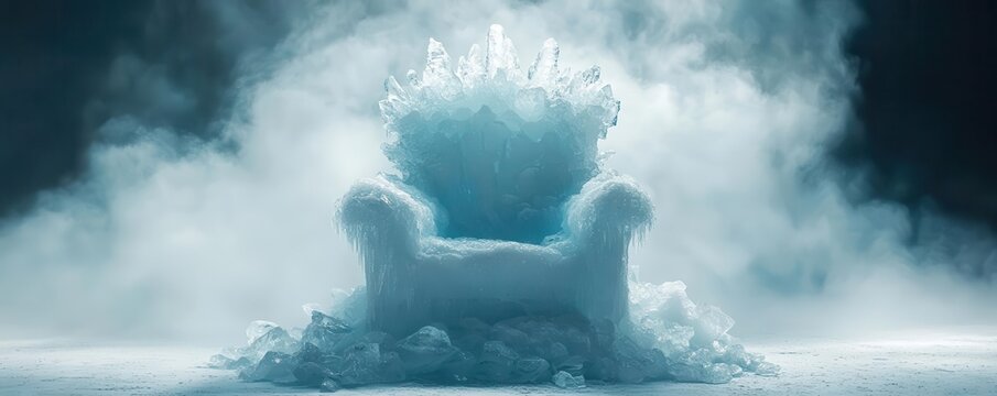 A majestic ice throne emerges from mist, capturing the essence of winter's magic and tranquility in a surreal environment.