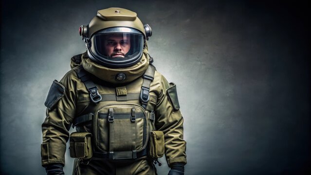 Military bomb disposal protective suit with helmet, gloves, visor, and padded body armor
