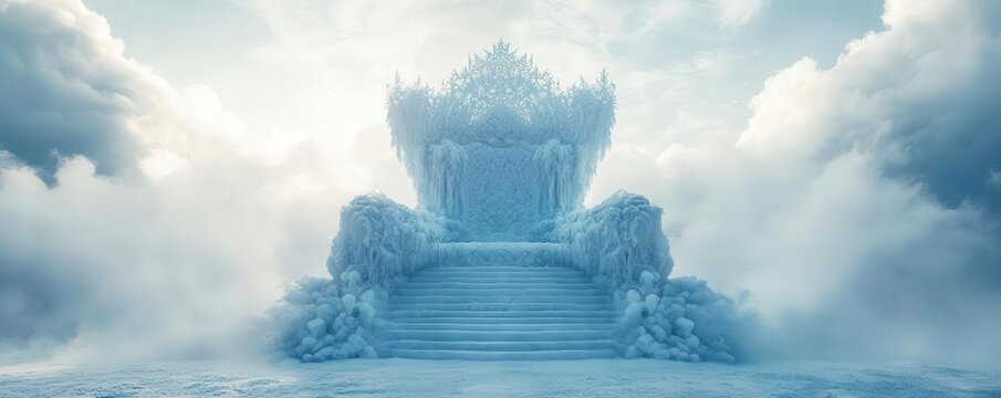 A majestic ice throne surrounded by clouds, symbolizing royalty and power in an ethereal winter landscape.