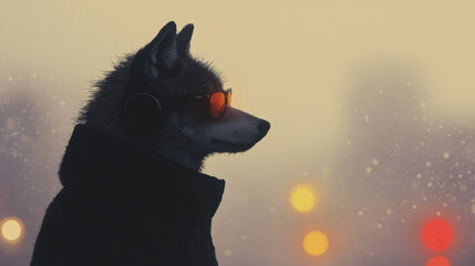 Wolf in sunglasses and headphones looks out at the cityscape.