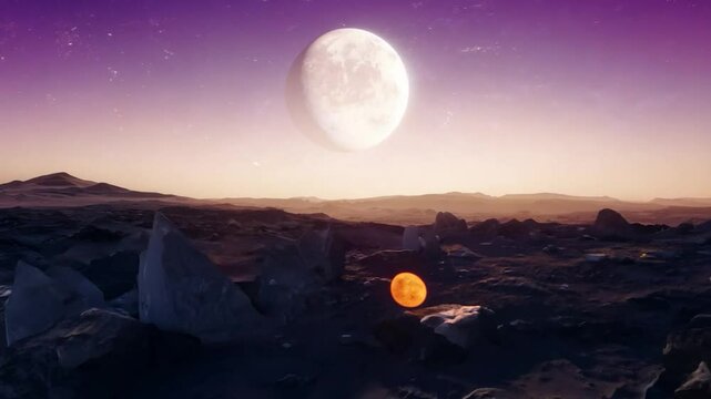 An alien landscape showcases a rocky terrain under a colorful twilight sky, where two distinct celestial bodies illuminate the horizon with their dramatic presence