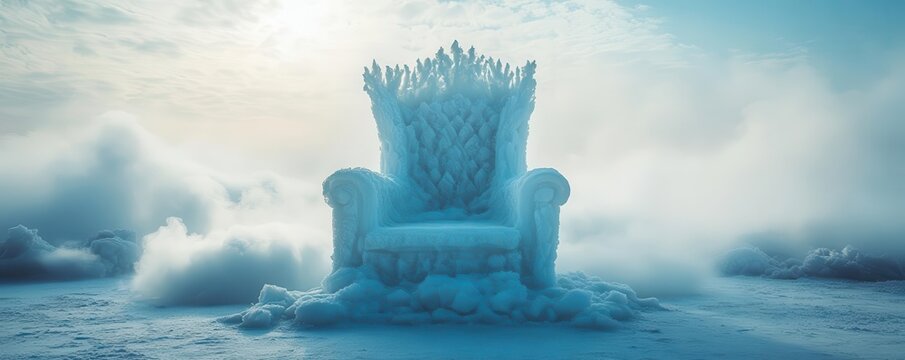 An enchanting ice throne emerges from a frosty landscape, radiating a magical winter aura under a serene sky.