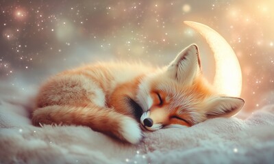 Cute Sleepy Foxes Napping on a Crescent Moon