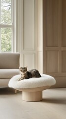 A cat climbing post featuring a padded surface is positioned near a sofa, providing a cozy spot for play and relaxation in a modern indoor setting