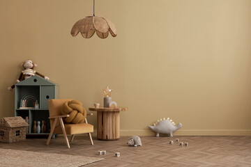 Minimalist composition of warm kid room interior with copy space, yellow wall, round stool, plush toys, green shelf, rattan lamp, bear rug, books and personal accessories. Home decor. Template. © FollowTheFlow