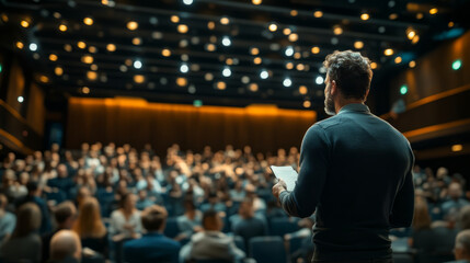 A professional giving a motivational speech on stage to a large audience in a corporate conference hall
