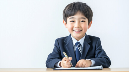 Smiling Boy in Suit Writing at Desk
