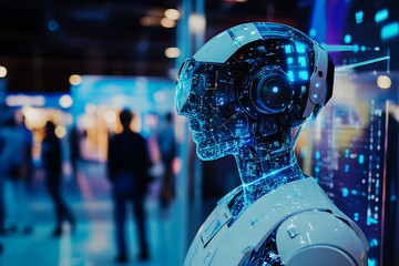 background with a AI tech expo, showcasing the latest innovations, futuristic gadgets, and interactive AI displays