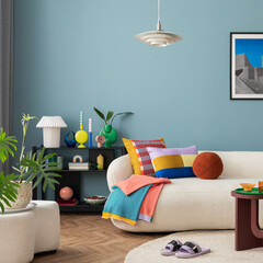 Modern and colorful interior of living room with design boucle sofa, mock up poster, shelf, plants,...