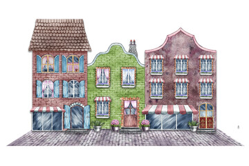 Naklejka premium A street with vintage houses and storefronts. Cute brick houses in retro style. The watercolor illustration is made by hand. Highlight it. For print, children's games, stickers, scrapbooking and decor