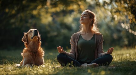 Woman Meditating in the Park with Dog Under Sunlight