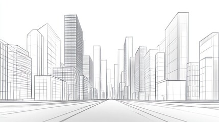 Fototapeta premium A minimalist cityscape illustration featuring tall buildings and a clear road perspective.