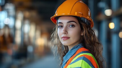female professional wearing a hard hat and safety vest, prioritizing worker safety and protection on a busy construction site, essential for a safe working environment