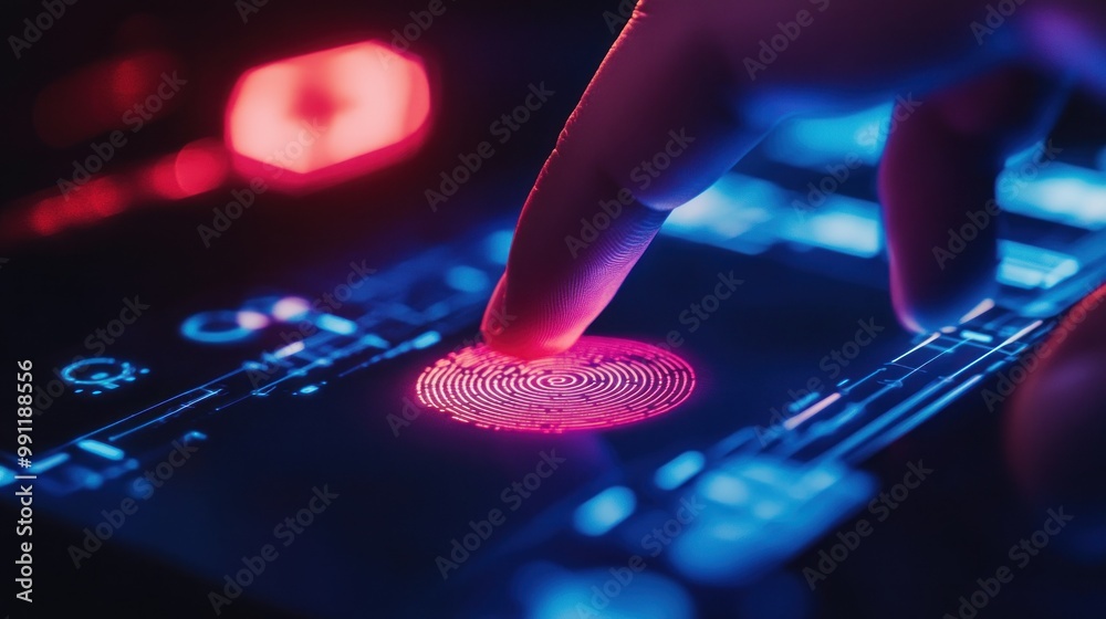 Poster a finger touches a digital screen displaying a fingerprint scan for biometric authentication.