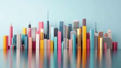 A city skyline made entirely of bold and unusual color patterns, reflecting how imagination reshapes the world, futuristic yet vibrant atmosphere