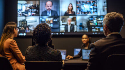Fototapeta premium A team watching a live media briefing about a corporate crisis, adjusting their communication strategy in real-time
