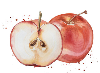 Watercolor hand painted pear and apple ripe isolated on a white background. Autumn fruit illustration. Healthy food concept design. Organic apple clipart.