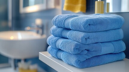 A pile of soft, folded blue towels stacked on a shelf, bringing color and order to a modern bathroom