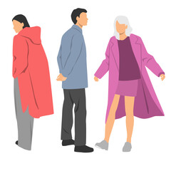  Set of men and two women , different colors, cartoon character, group of silhouettes of standing business people, students, design concept of flat icon, isolated on white background