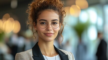 Obraz premium happy businesswoman at a conference in a convention center, looking directly at the camera with a smile, actively participating in corporate networking, leadership presentations, and business success