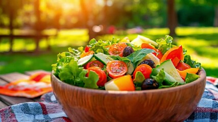 Closeup on a wooden bowl with fresh garden salad on picnic in sunny park. Healthy vegetable salad outdoors on checkered cloth with natural light.