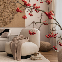 Creative composition of living room interior with mock up poster frame,  rounded shapes armchair,...