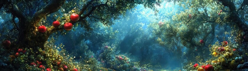 Fototapeta premium Worms-eye view of a whimsical forest, where fruits masquerade as culinary delights, illuminated by ethereal glow