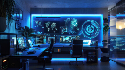 Fototapeta premium A cutting-edge high-tech home office with advanced communication systems, digital whiteboards, and ergonomic gadgets for ultimate productivity.